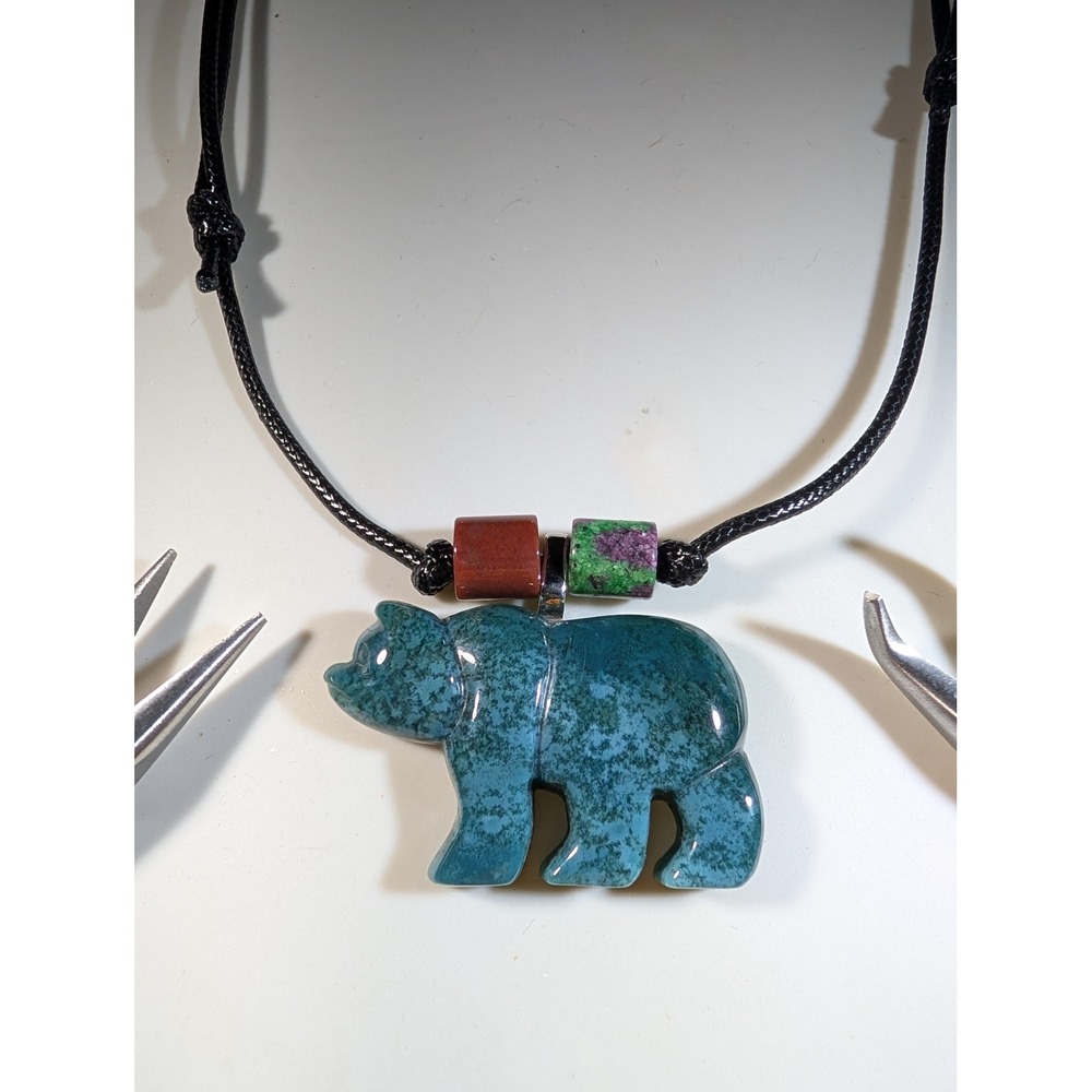 Green Agate Bear Pendant Necklace Adjustable Black Cord Wildlife Jewelry 14-27in